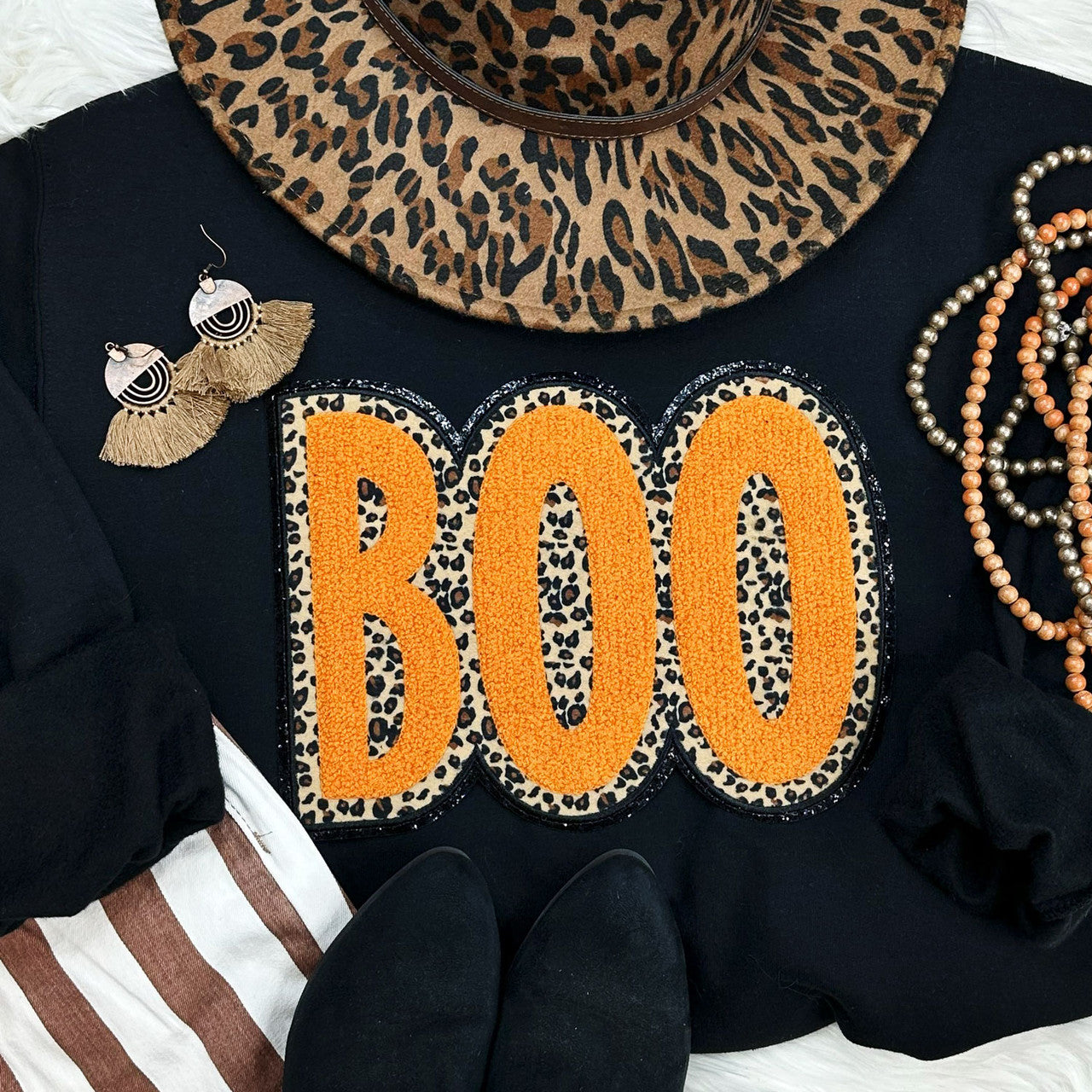 BOO Leopard Chenille Patch Sweatshirt