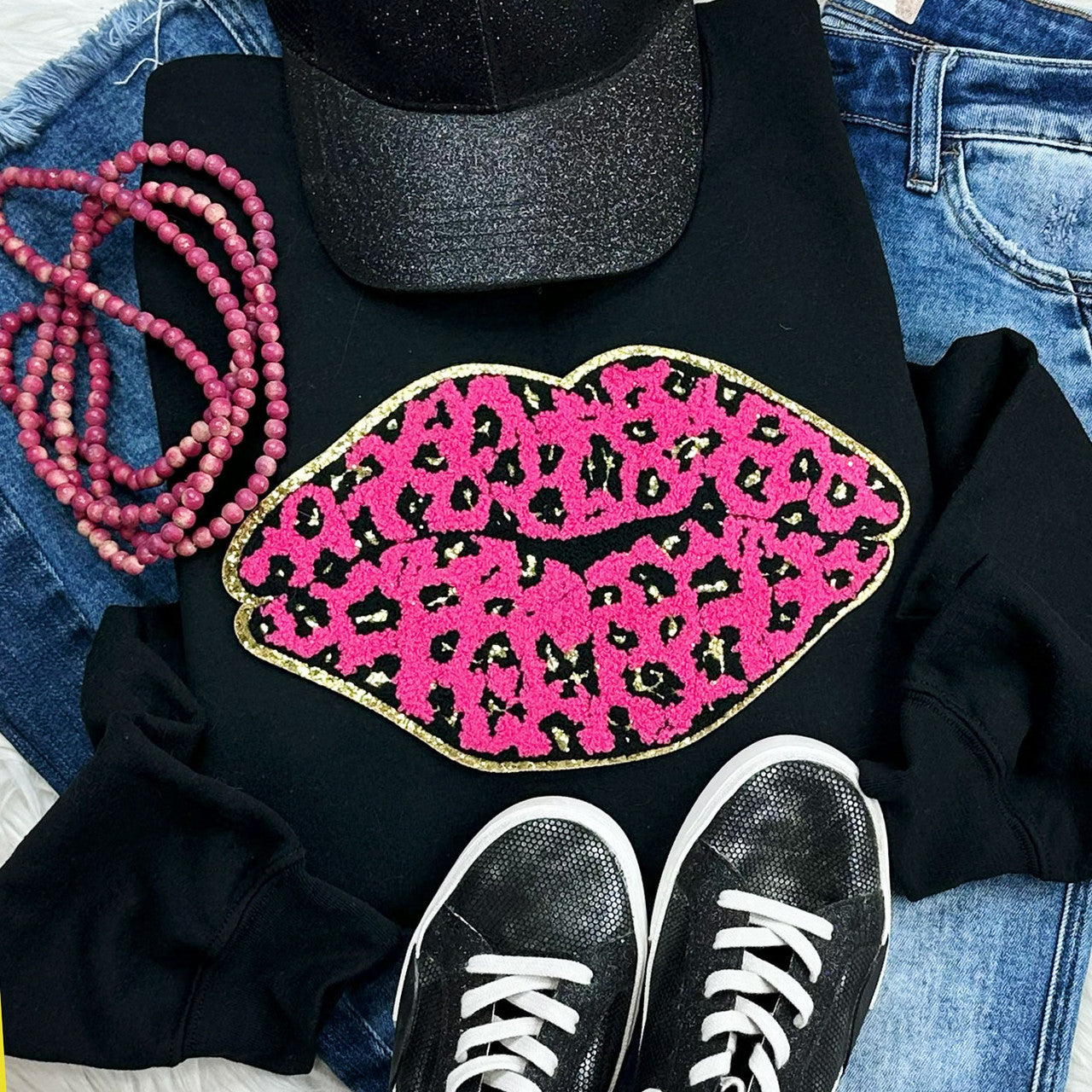 Leopard Lips Chenille Patch Sweatshirt