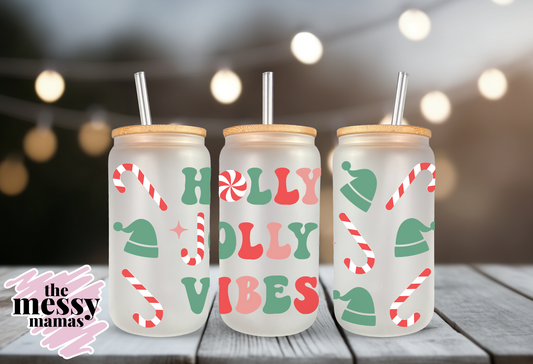 Holly Jolly Vibes 16oz Frosted Glass Can