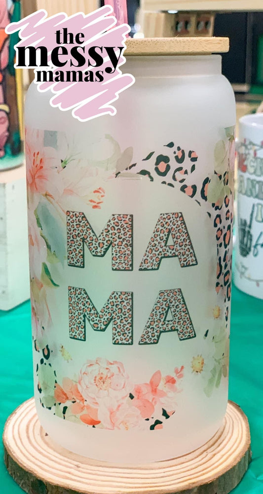 Mama Flower Leopard  16oz Frosted Glass Can