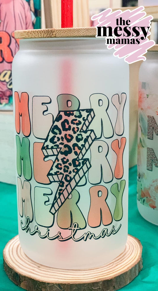 Merry Leopard Lightening Bolt 16oz Frosted Glass Can